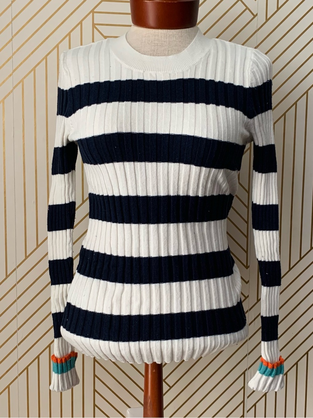 Loft cotton blend Striped ribbed crew neck Sweater Navy Blue White Crewneck S
